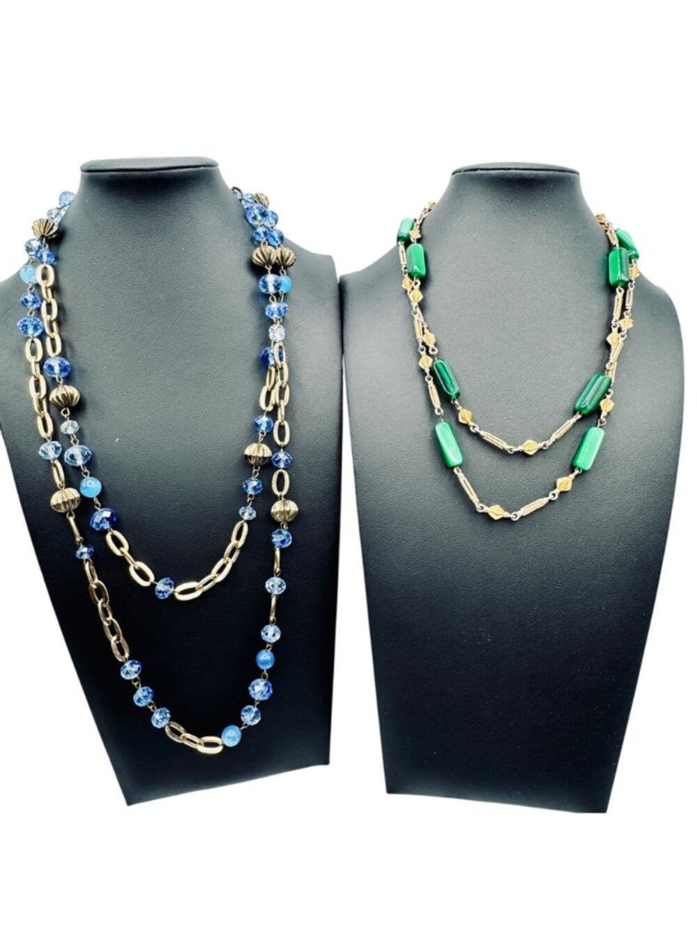Vintage Station Bead Necklaces Green Blue Glass Beads Gold Tone 36" 48" 1960s - Picture 2 of 6